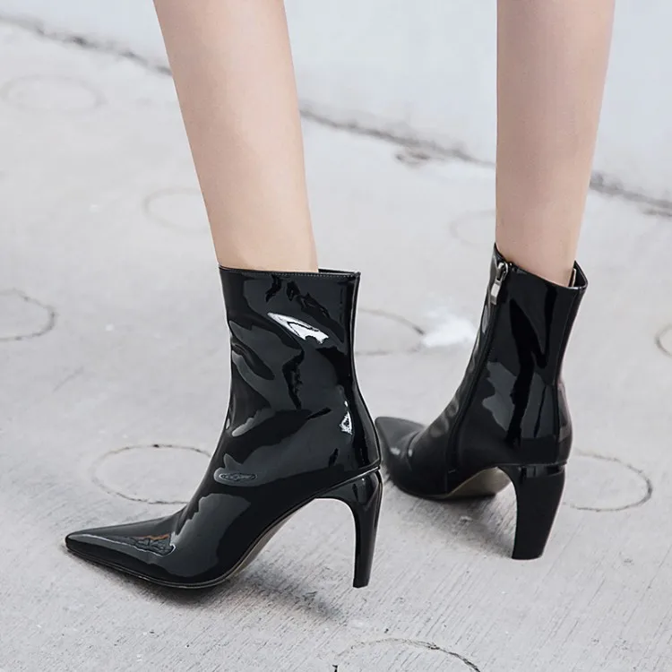 black patent leather boots with clear heel