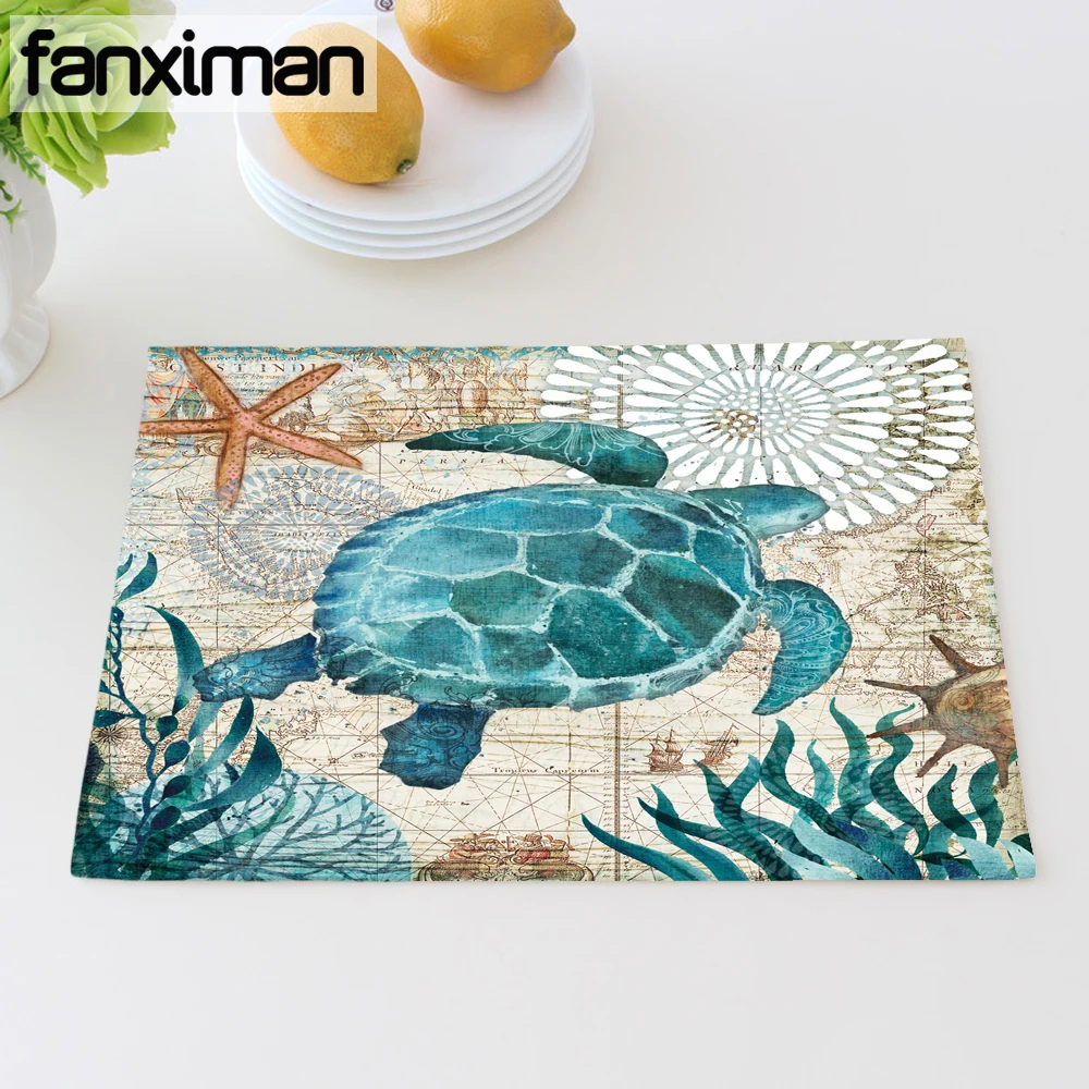 Fanximan مخصص القطن الكتان الجدول حصيرة الأخطبوط البحرية الحيوان مكان حصيرة طاولة الطعام حصيرة سادة فرس البحر السلاحف الوقايات