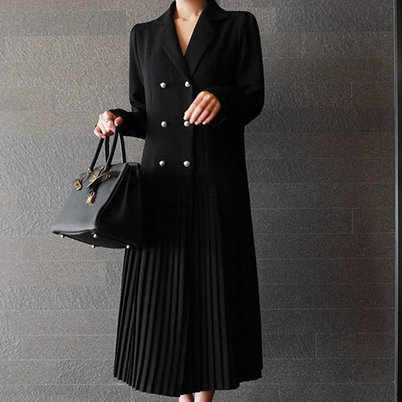 

SHENGPALAE 2018 Spring Korean New Black Double Breasted Pleated Full Sleeve V Collar Loose Fashion Mid-calf Dress Women OA504