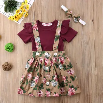 

New Summer 3PC Toddler Kid Baby Girl Clothes Short Sleeve Bodysuit Tops+Strap Floral Skirt +Headband Outfit Set 0-24M