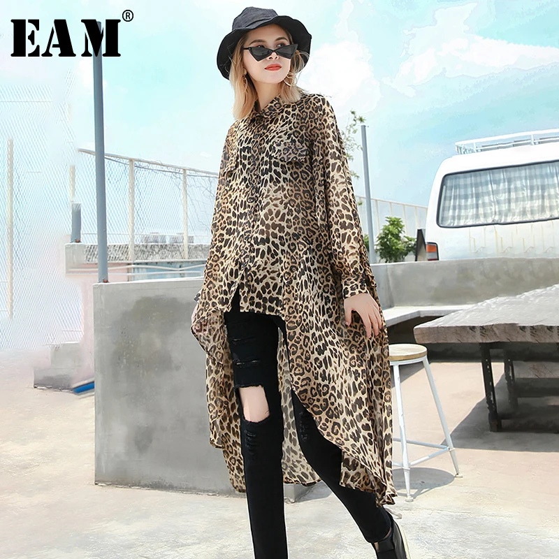 

[EAM] 2019 New Autumn Winter Lapel Long Sleeve Leopard Irregular Hem Chiffon Big Size Shirt Women Blouse Fashion Tide JQ468