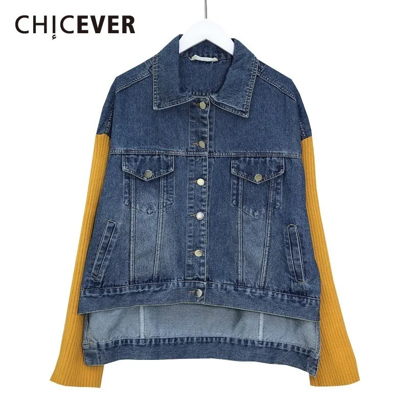 

CHICEVER Spring Knitting Long Sleeve Patchwork Irregular Denim Coat For Women Lapel Button Pockets Loose Slim Female Clothing