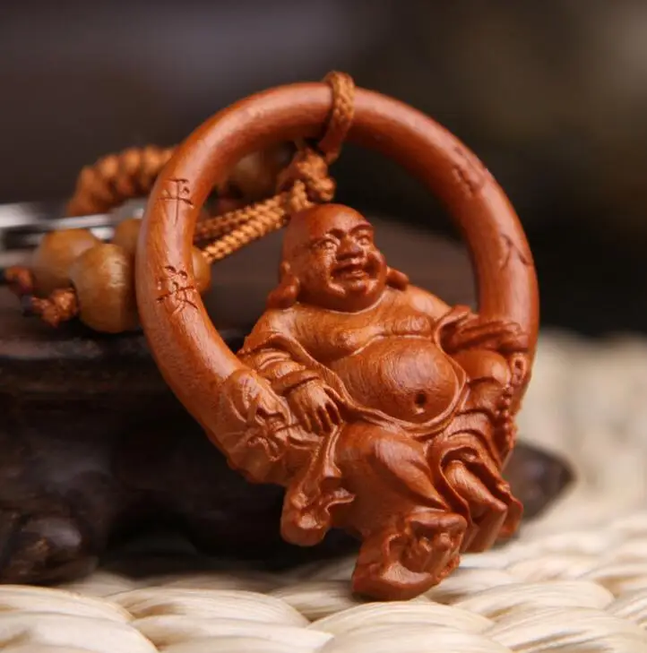 

Chinese Peach Wood Carved Carefree Buddha Bring Safe And Good Luck Exquisite Car Key Chain Pendant