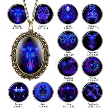 

New 12 Constellation Astrology Oval Pocket Watch Unique Fluorescent Blue Zodiac Necklace Pendant Quartz Birthday Gift for Friend