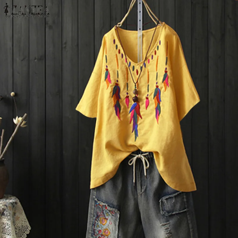  2019 Summer Embroidery Blouse ZANZEA Women V Neck Shirts Casual Short Sleeve Cotton Linen Tops Loos