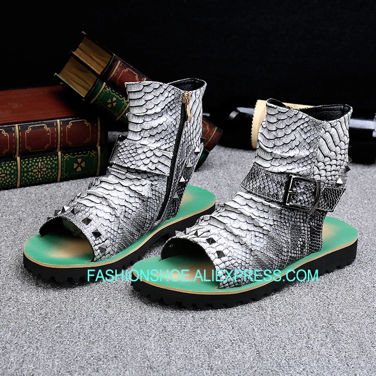 

Snake Skin Man Sandals Rome Style Buckle Summer Beach Gladiators for men Open toe Genuine leather Cow Male Ankle Booties Size 46