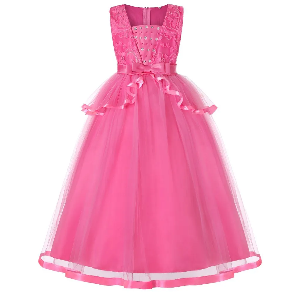 Sleeveless Long Party Dress for Girls Red Blue Pink Lace Beading