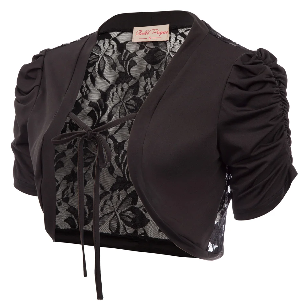 

Women Short Pleated Sleeve Tunics See-Through Lace Back Tie Front Shrug Bolero Retro medieval Gothic V-Neck Open Stitch Chaqueta