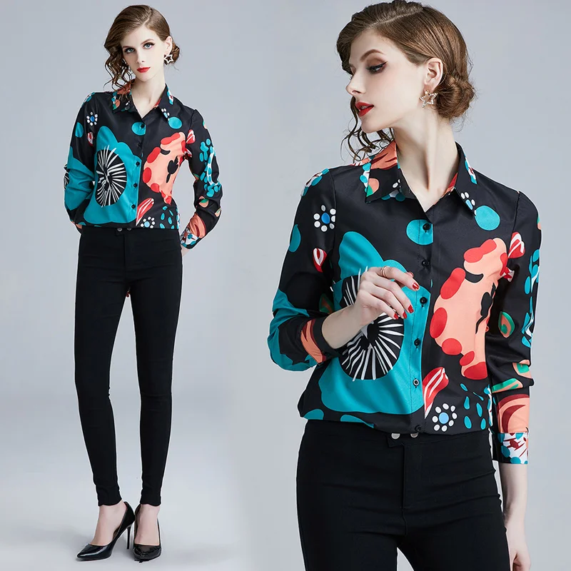 Women Retro Blouse 2019 Summer Long Sleeve Print Elegant