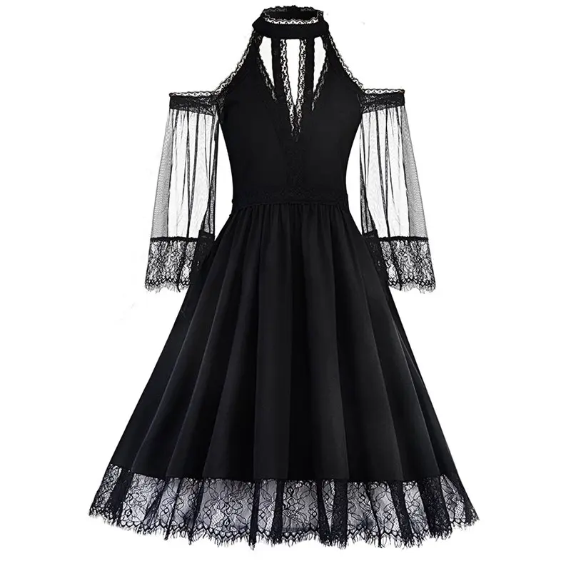 

Women Dresses Casual Elegant Gothic Office Lady Aline Off Shoulder Solid Mesh Summer Female Vintage Fashion Black Goth Dress