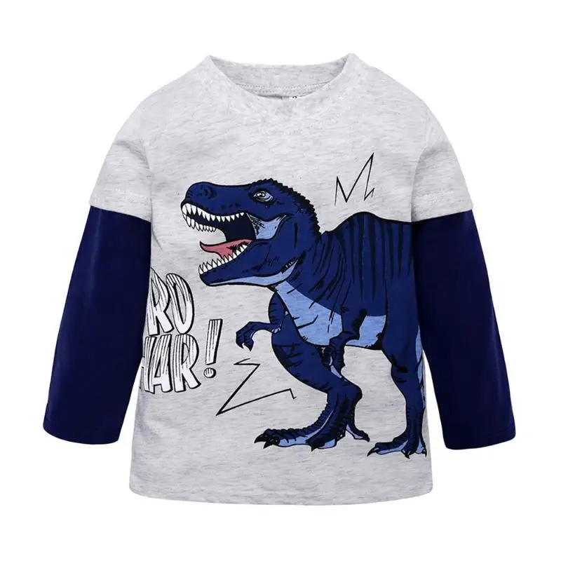

Boys Fashion Cartoon Dinosaur T-shirt Splicing Color O-Neck Spring Daily Cotton Children Tops