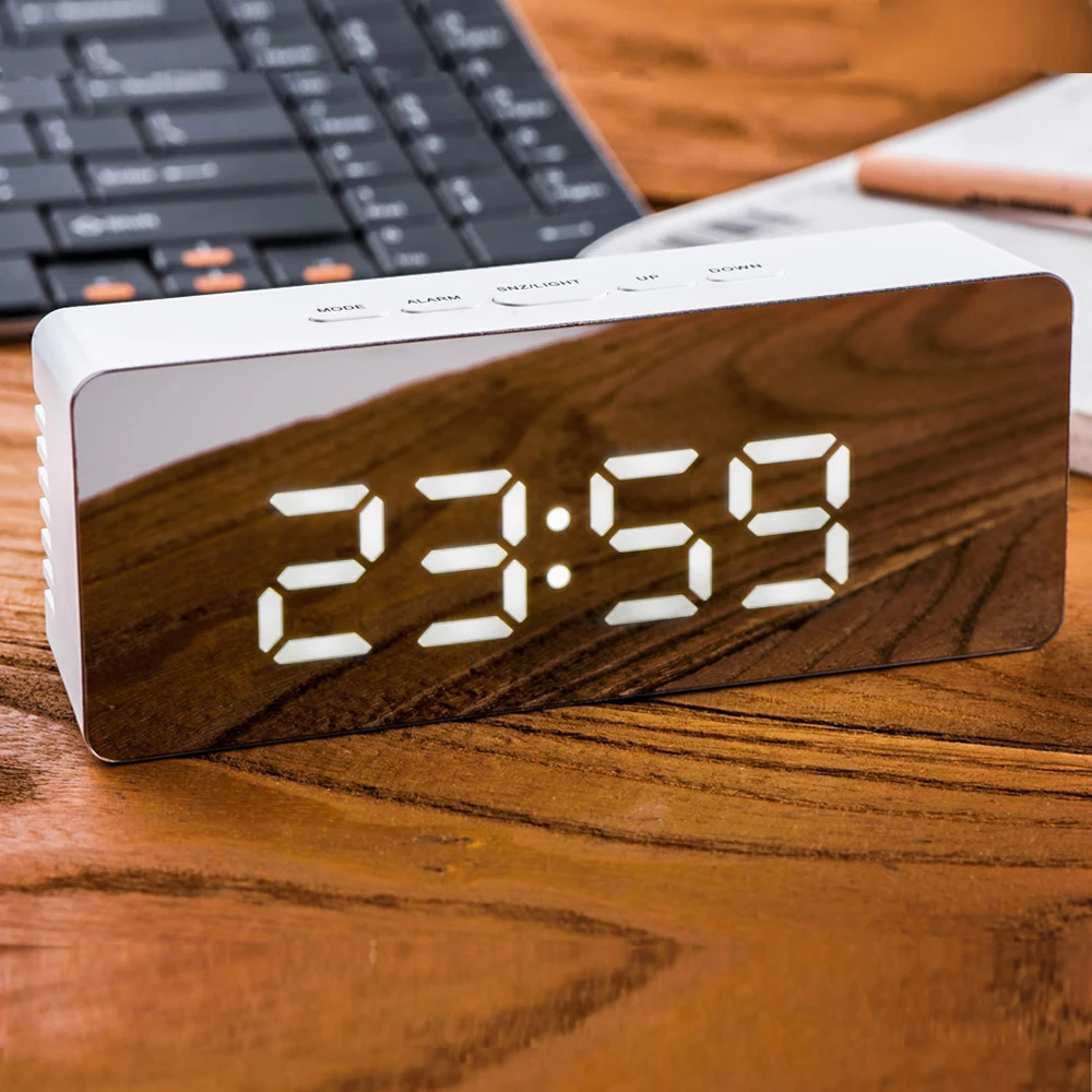 Digital Mirror Alarm Clock LED Display Desktop Night Snooze 12h/24h