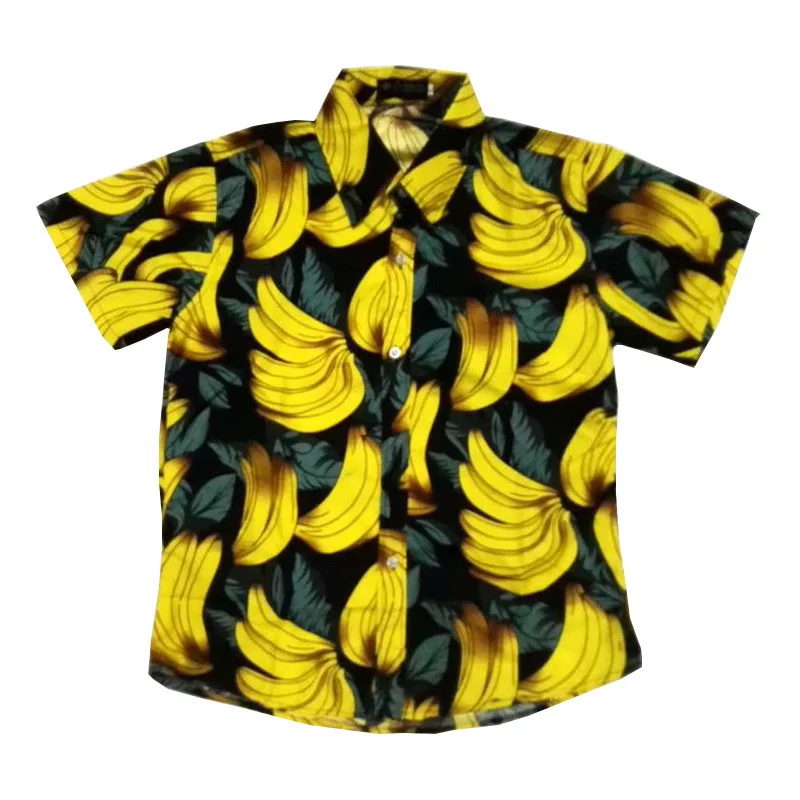 FDWERYNH هاواي الرجال الفاكهة الطباعة عارضة البلوزات الموز الشاطئ قصيرة الأكمام تي شيرتات قطن أعلى Camisas زائد حجم M-3XL