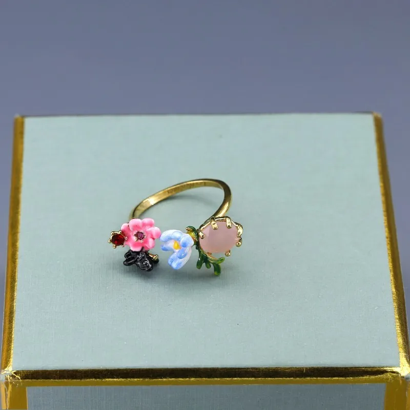

Enamel Monet Garden Pink Flowers Butterfly Jewel Green Leaf Hatch Can Adjust Ring