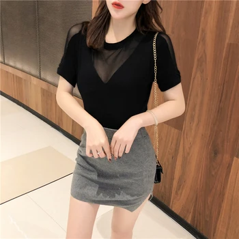 

LYJMTDBK 2019 summer new short-sleeved black mesh stitching knit shirt fat mm slim loose wild T-shirt female large size XL-4XL