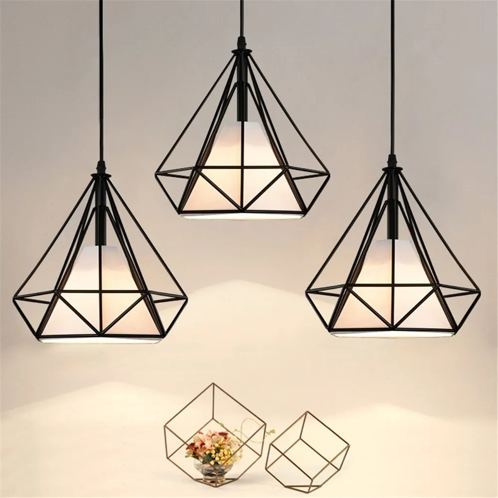 

Modern Pendent Light LED Minimalist Iron Art Lamp Diamond Geometric Chandelier Birdcage Hanging Ceiling Decor Pendant Lamp