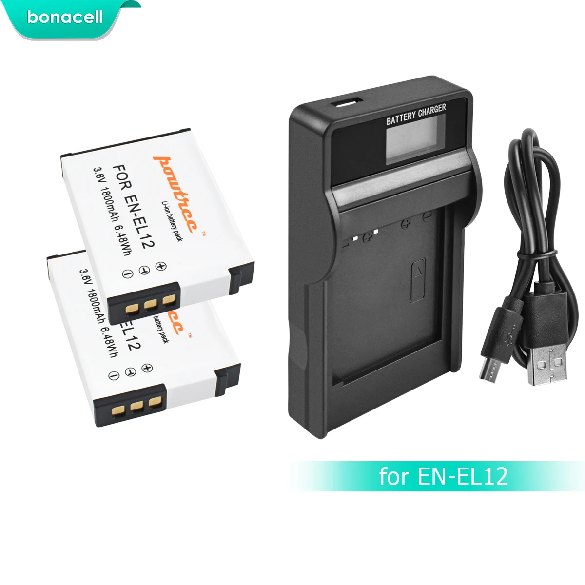 

Bonacell 1800mAh EN-EL12 EN EL12 Battery+LCD Chargerfor Nikon CoolPix S610 S610c S620 S630 S710 P300 P310 P330 S6200 S9400 L15