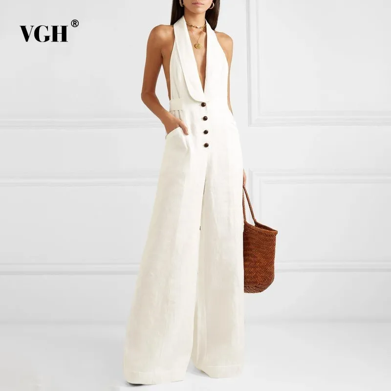 

VGH Spring Solid Women Jumpsuits Sexy Sleeveless Off Shoulder Button Pockets Wide Leg Pants Fashion New Tide 2019