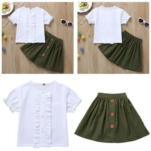 

Toddler Kid Baby Girl Clothes Row Button Casual Short Sleeve Top+Button Skirt Outft Children Set Clothes 2PCS