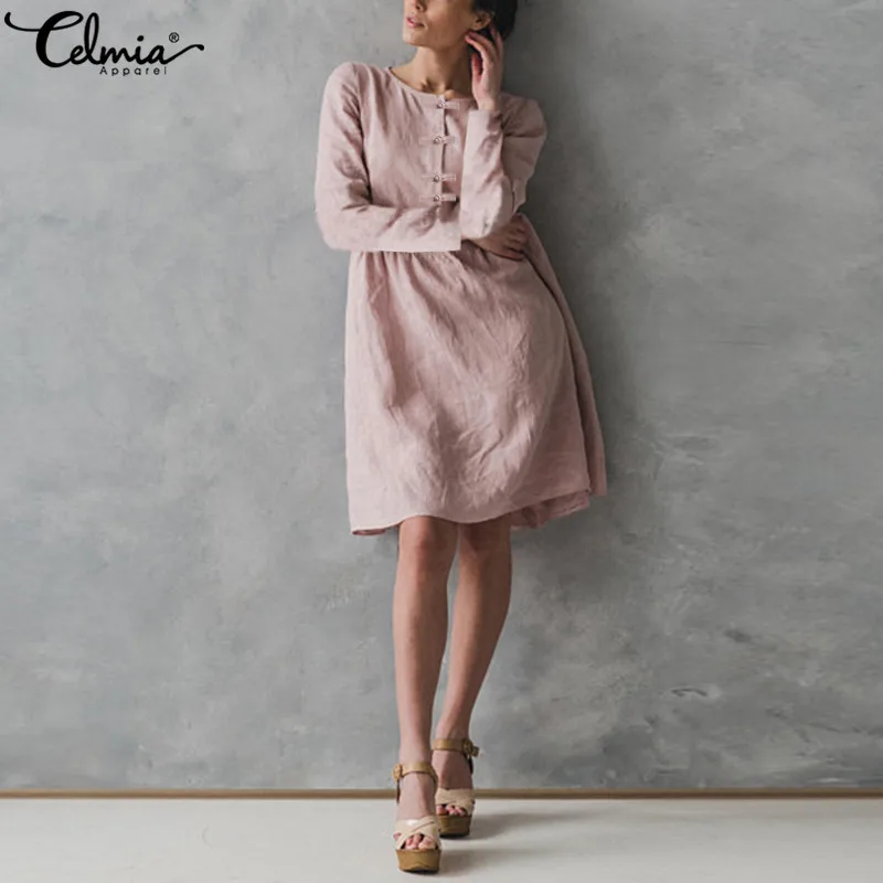 

5XL Celmia Women Casual Baggy Button Pleated Dress 2019 Autumn Spring Long Sleeve Pockets Solid Vintage Linen Long Shirt Dresses