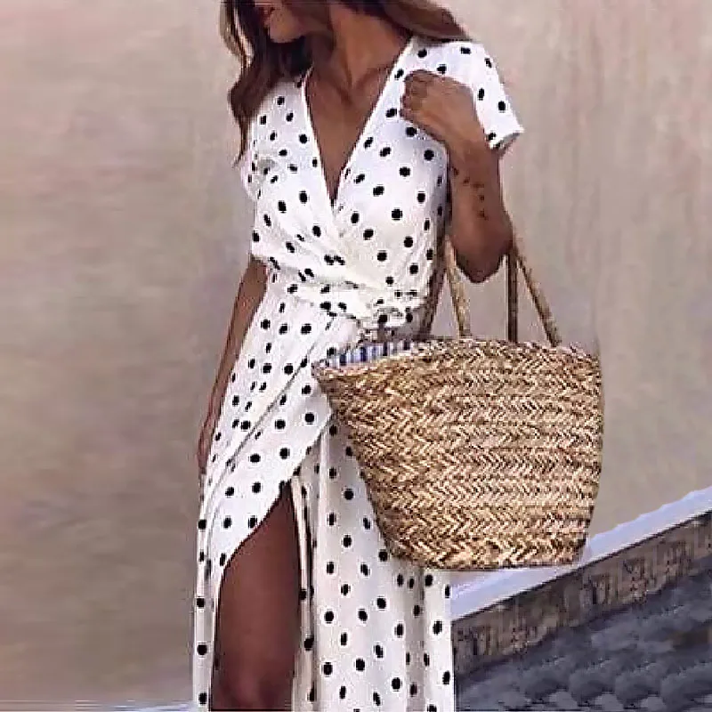 

Women Boho Polka Dot Summer Beach Long Dress Evening Party V-Neck High Waist Split A Line Maxi Dress Prairie Chic Femme Vestido