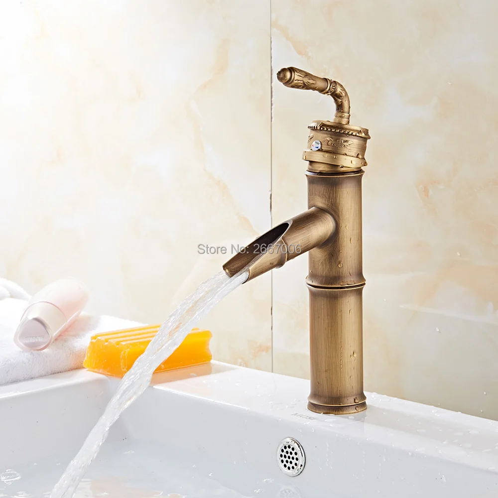 GIZERO خمر الخيزران شكل الحنفيات العتيقة النحاس منحوتة حوض للحمام بالوعة صنبور شلال صنبور الغرور خلاط الصنابير GI38A