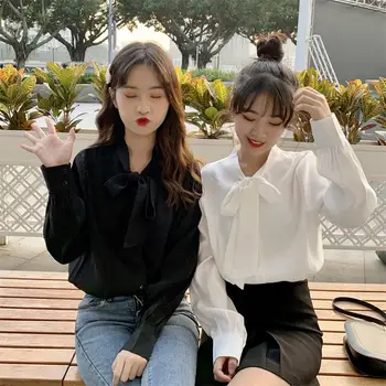 

Lychee Girls Bow Solid Color Blouses Female Long Sleeve Single Breasted Shirts Spring Autumn Sweet Women Blouse Shirts