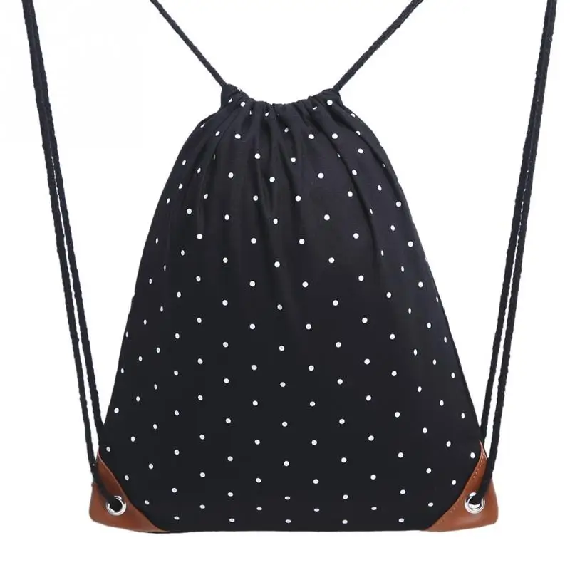 Portable Canvas Drawstring Bag Women Lightweight Polka Dot Sack