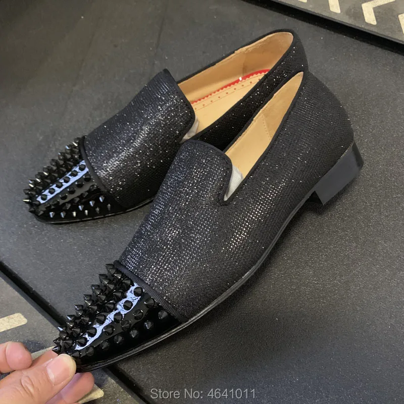 

Slip On cl andgz Trend leather Red Bottoms Low heel shoes Sneaker For Man Black Glitter Rivet casual couple models Flat Loafers