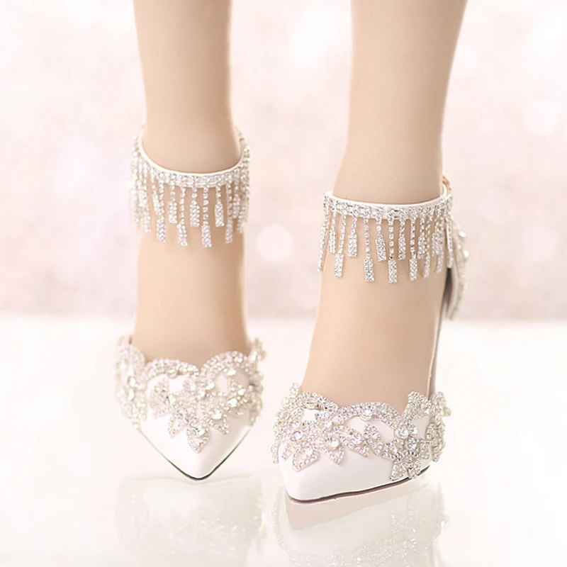 Summer Sandals White Pointed Toe Bridal Wedding Party Shoes Crystal ...