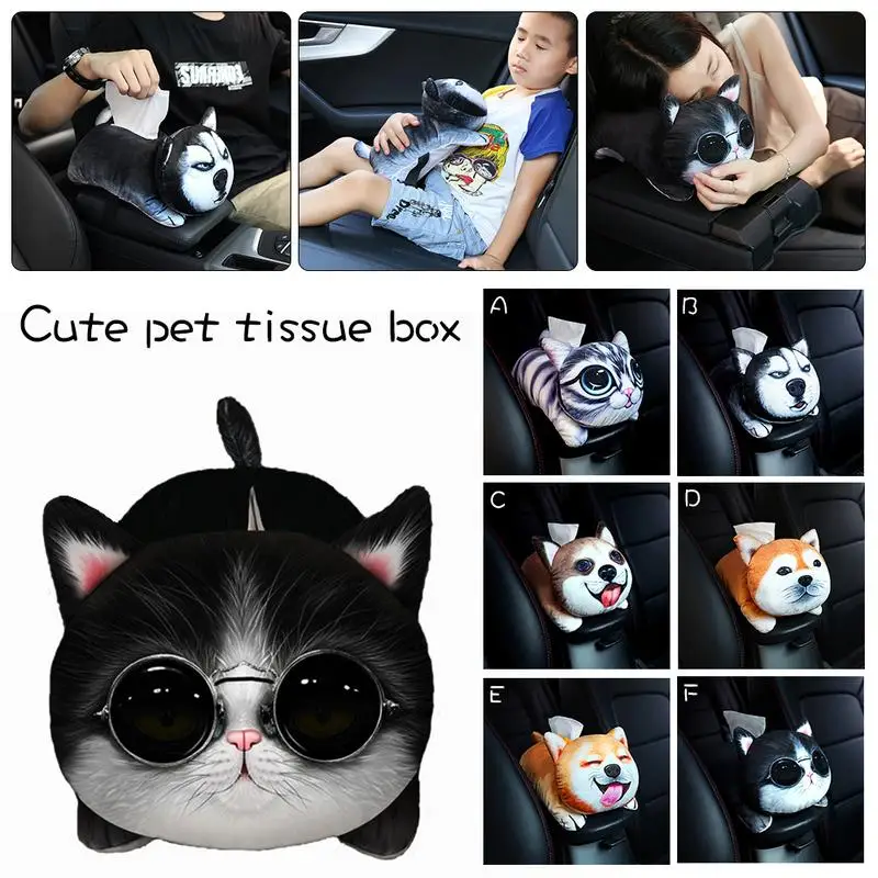 

Car Tissue Box 3D Cute Cartoon Pet Modeling Sun Visor Paper Napkin Holder Container Auto Seat Back Armrest Storage Box Interior