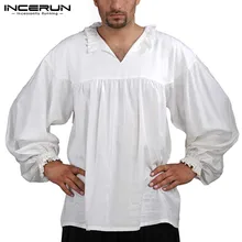 Ренессанс Мужская рубашка мужские футболки гофрированный воротник v-образная горловина эластичные манжеты длинный рукав однотонный мягкий костюм