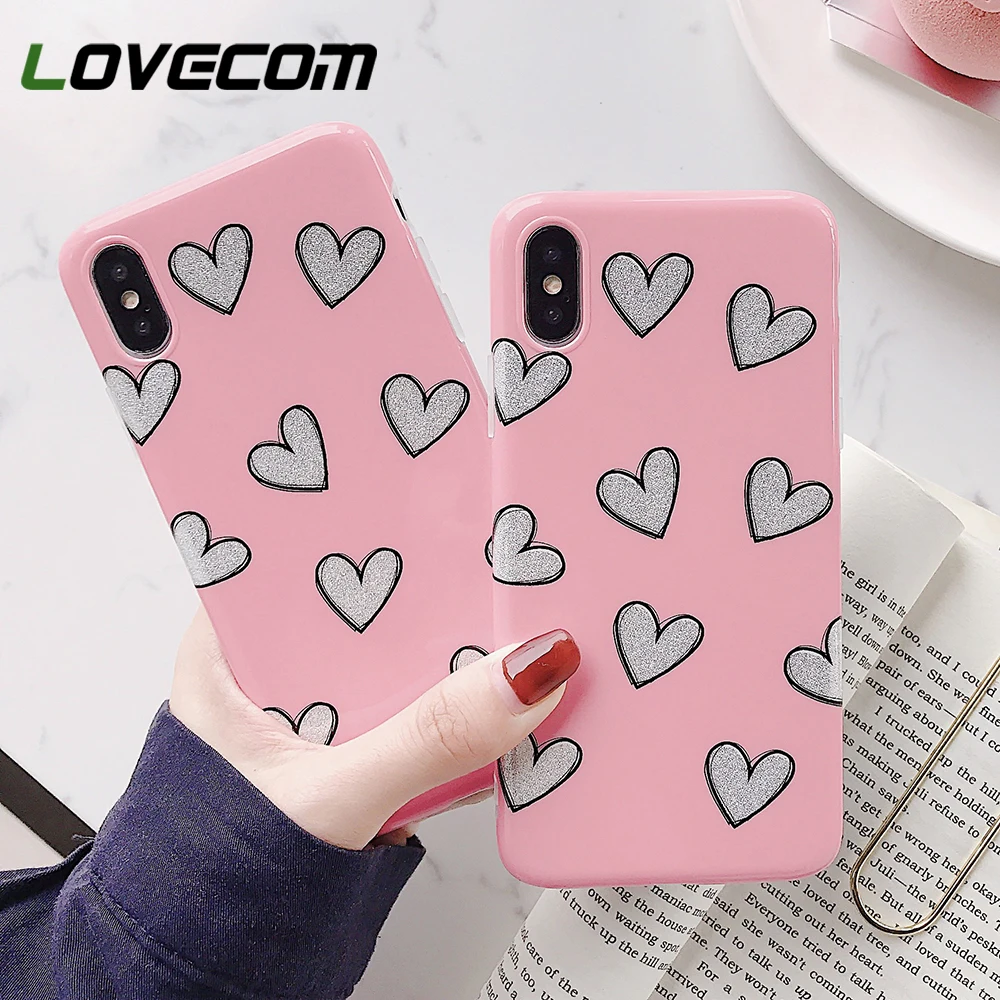 

LOVECOM Cute Love Heart+Glitter Pink Girl Case For iPhone XS X 6 7 8 Plus XS Max XR Soft IMD Screen Protector Phone Back Cover