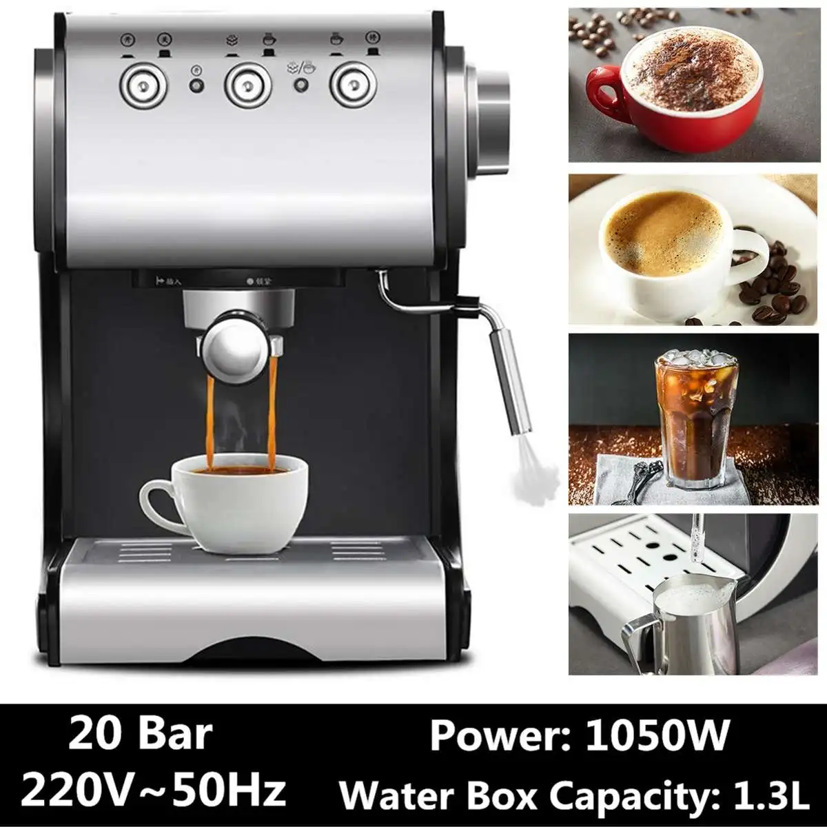 

1050W 1.3L Automatic Coffee Maker Barista Espresso Machine Steam Multifunctional Coffee Machine Home Commercial Use 20x31x26cm
