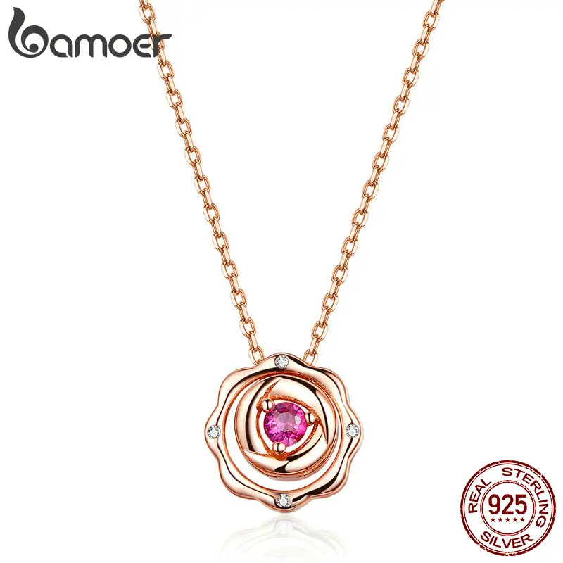 

BAMOER New 925 Sterling Silver Rose Gold Red CZ Flower Pendant Necklace for Women Multi-wearing Designer Jewelry Gifts BSN037