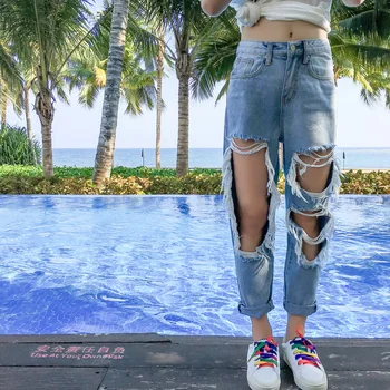 

Street Big Hole destroyed Ripped Boyfriend Jeans For Women Plus Size High Waisted Baggy Jeans Teen Girls Tattered Denim Jeans