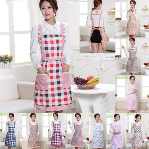 Womens Kitchen Cooking Apron Dress Chef Restaurant Dining Barbecue Pocket Aprons 