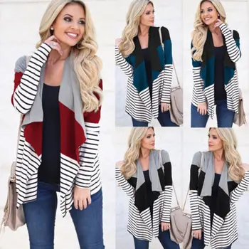 

Women's Long Sleeve Knitted Stripped Loose Sweater Cardigan Outwear Jacket Coat