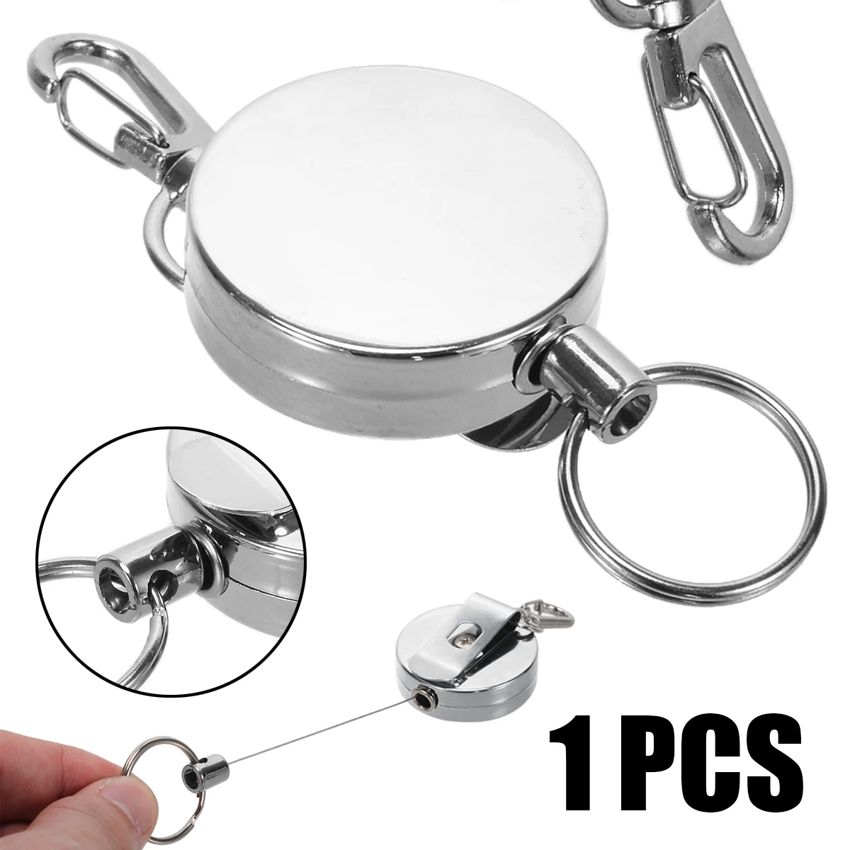 1x Retractable Stainless Steel Card Badge Recoil Ring Belt Clip Key Chain Holder