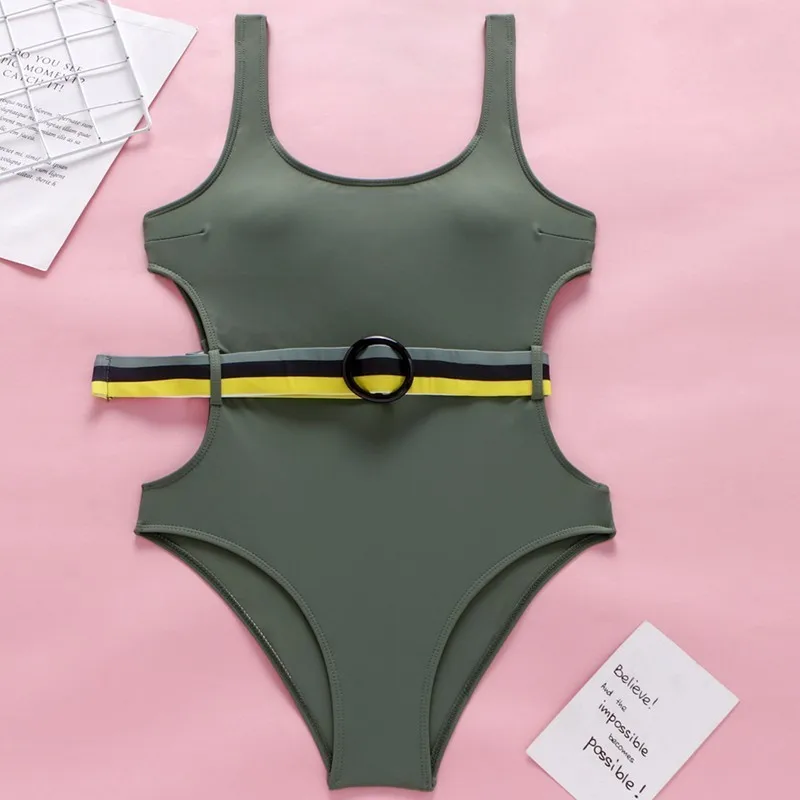 

Sexy Bodysuit Solid Swimsuit Women Push Up One Piece Bikini Set Waist Belt Adjustment Swimwear Backless Swimming Suit For Female