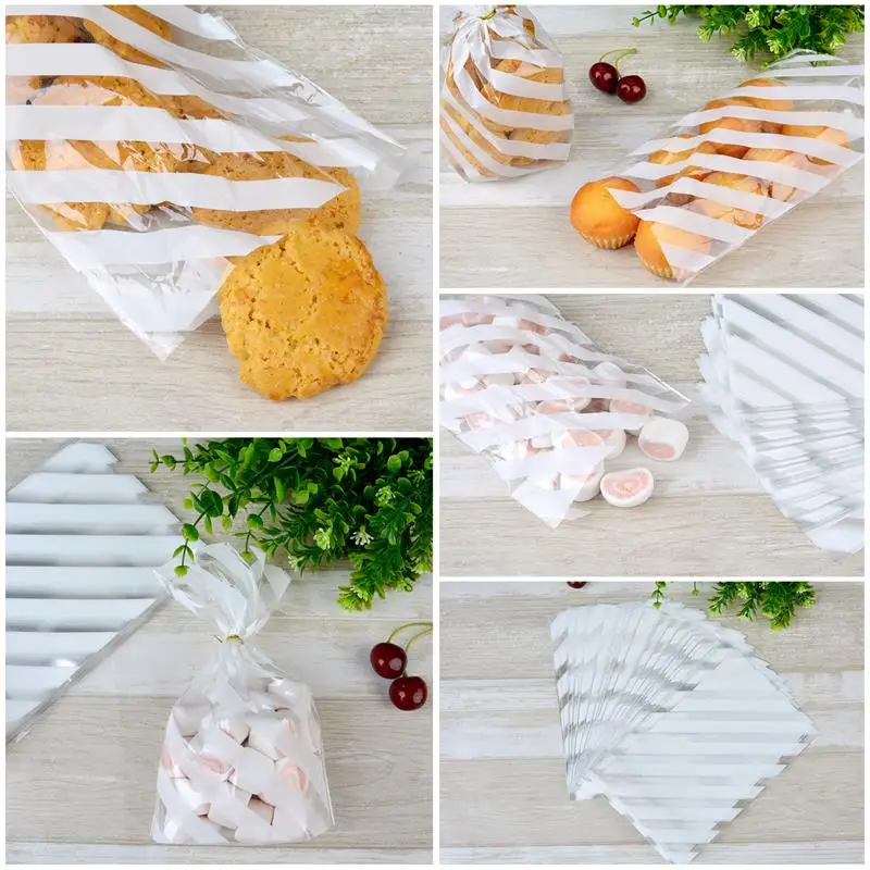 

100PCS Large White Striped Biscuit Bags Bread Candy Cello Bag Flat Cellophane Treat Bag Cellophane Bags With Twist Ties For Kids