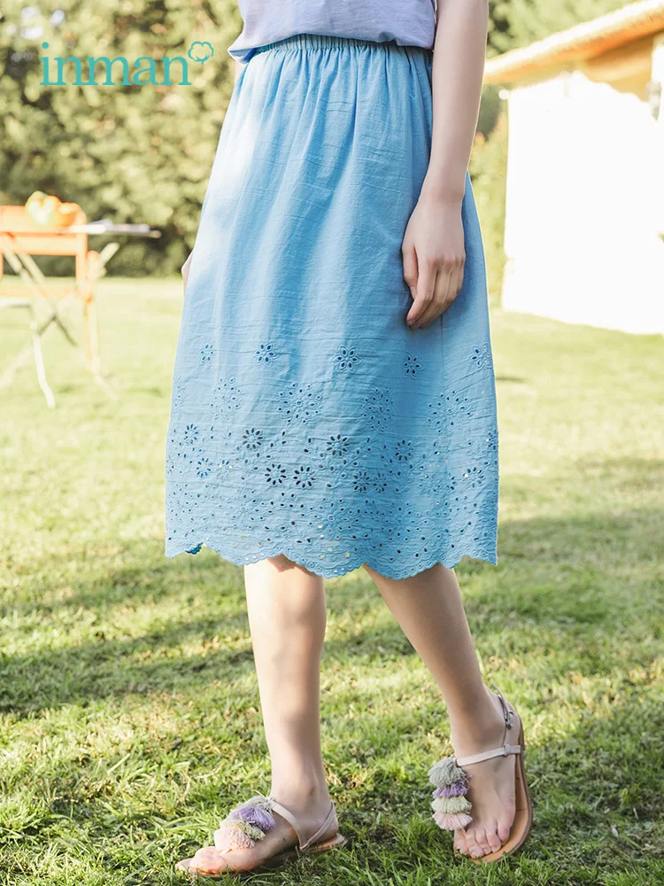 

INMAN 2019 Summer New Arrival Cotton Elastic Waist A-line Lace Literary Women Skirt