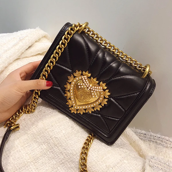 

TekiEssica Plaid Luxury Leather Chain Gold Pearl Heart Buckle Stone Alligator Satchels Women Crossbody Shoulder Bag Small Totes