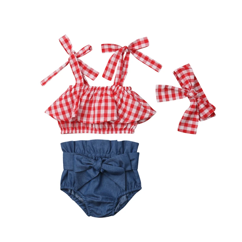 Newborn Kid Baby Girl Clothes Set Cute Girls Sleeveless Plaid Crop Tops T-Shirt Denim Shorts Pants Headband Outfit Clothes Set