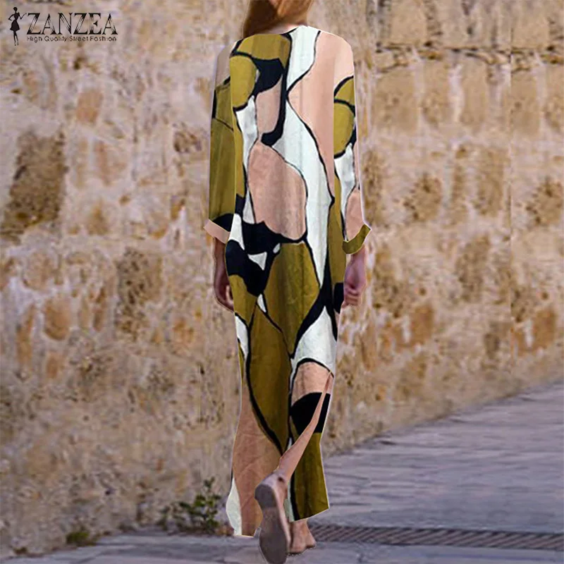 ZANZEA Женское Платье макси с v-образным вырезом и длинным рукавом винтажное летнее пляжное платье Vestido Femme элегантное платье для работы OL сарафан размера плюс