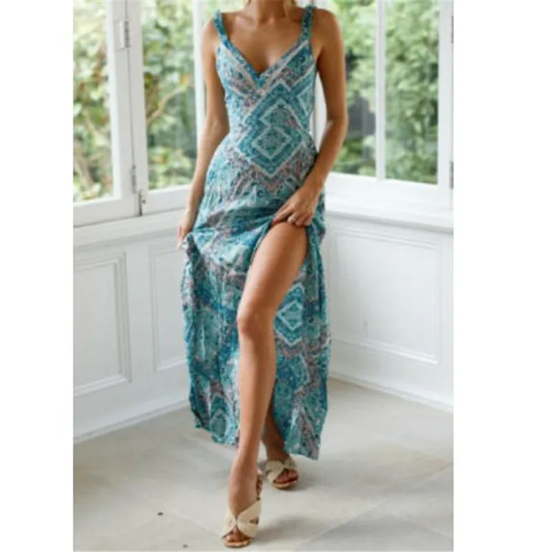 

Women Long Boho Maxi Evening Party Dress Chiffon Bodysuit Summer Beach Dress Sexy Ladies' New Deep V Long Floor Length Wear Hot