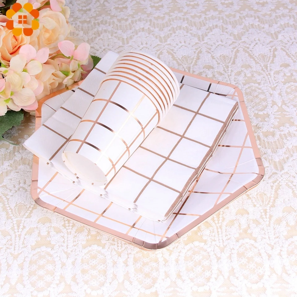 

1Set Lattice Disposable Tableware Set Rose Gold Bling Paper Cup/Plate/Napkin Table Decoration For Wedding Birthday Party Supplie