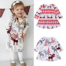 Xmas довольно милые для младенцев праздничное платье для маленьких девочек 2 Стиль с блинным рукавом и нарисованным оленем сапоги до колена Длина A-Line платье От 1 до 6 лет