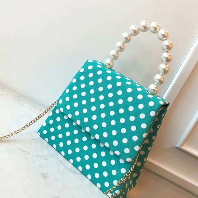 

[Super Seabob] 2019 Spring Summer Woman New Green Color Dot Pattern Spliced Imitate Pearl Single Strap Messenger Bag LM227