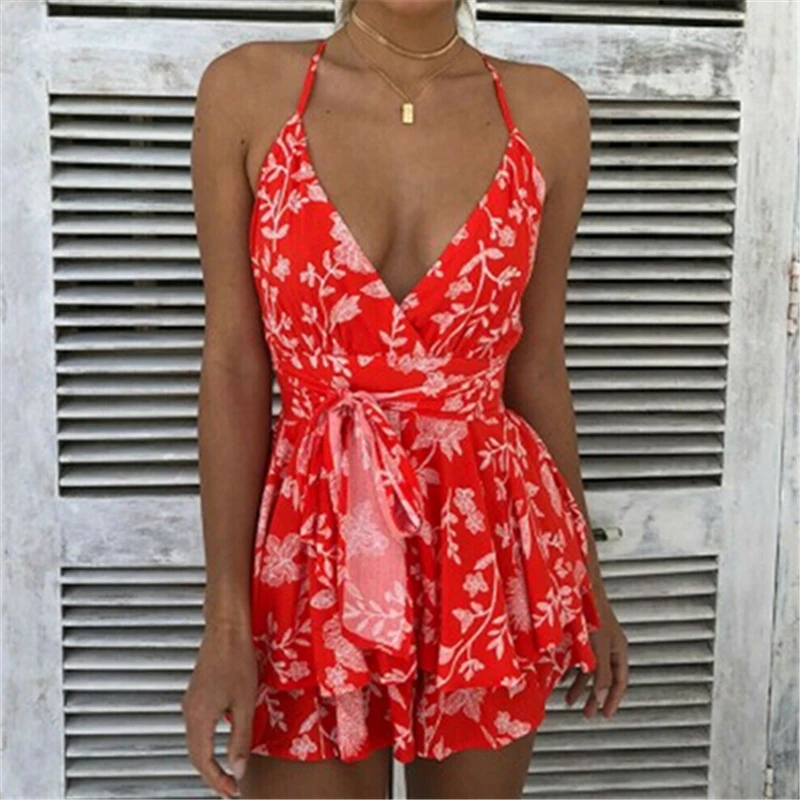 

Summer Women Jumpsuit Floral Playsuit V Neck Ladies Rompers Boho Style Ruffle Jumpsuit Sexy Bodysuit Womens Clothing Streetwear